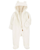 Macacão bebê em fleece com capuz branco |